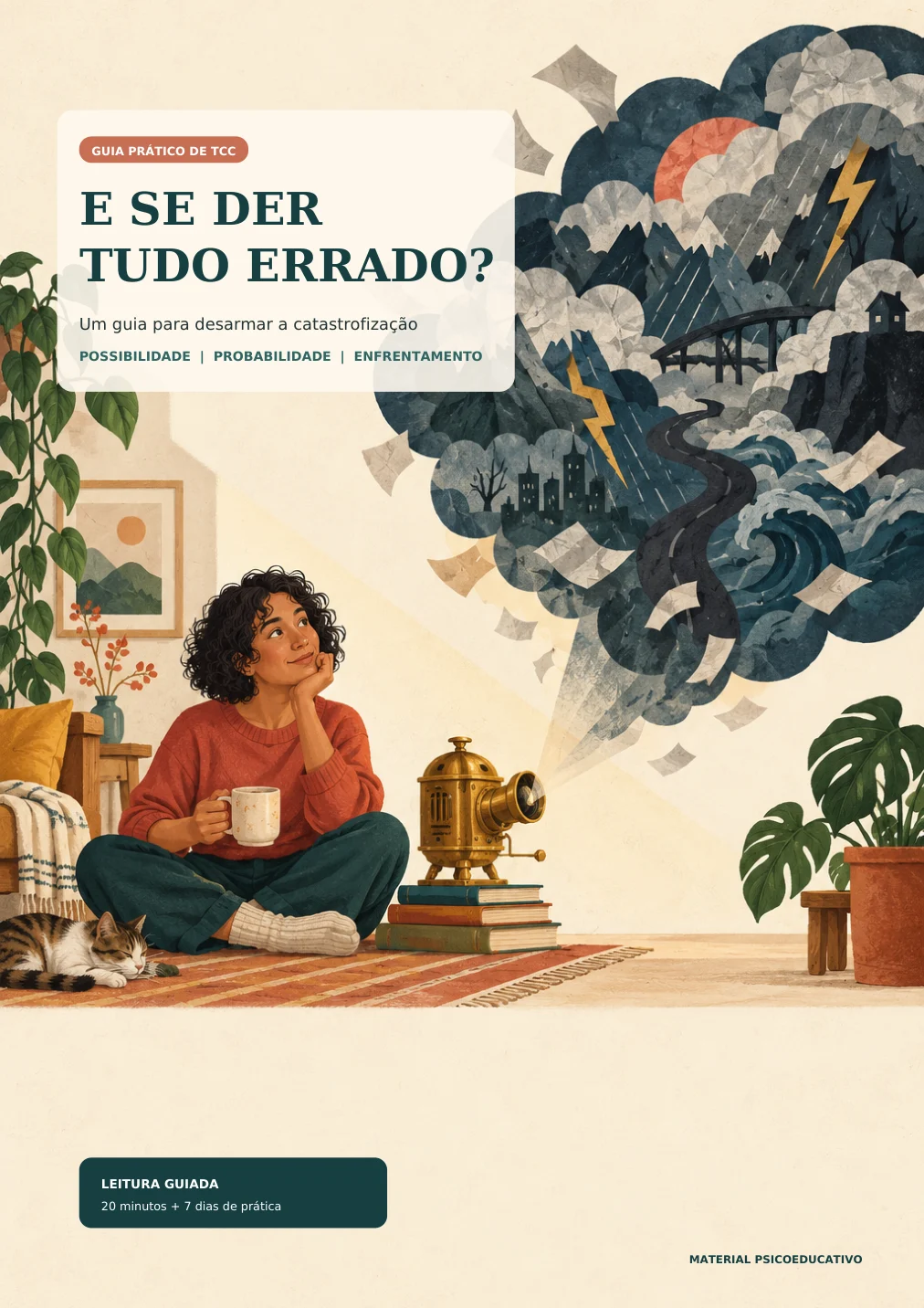 Capa do ebook E se der tudo errado?, com uma mulher refletindo ao lado de uma máquina de prever desastres